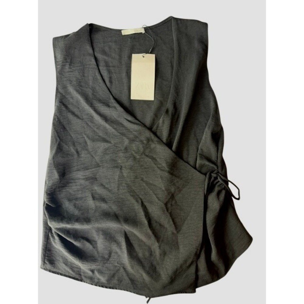 Zara Black Wrap Side-Tie Sleeveless V-Neck Top Size M NWT